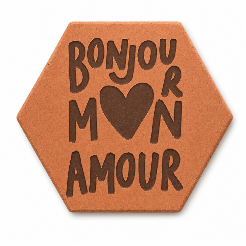 Terracotta tile engraved with “Bonjour mon amour” in large lettering and a heart, on a white background.