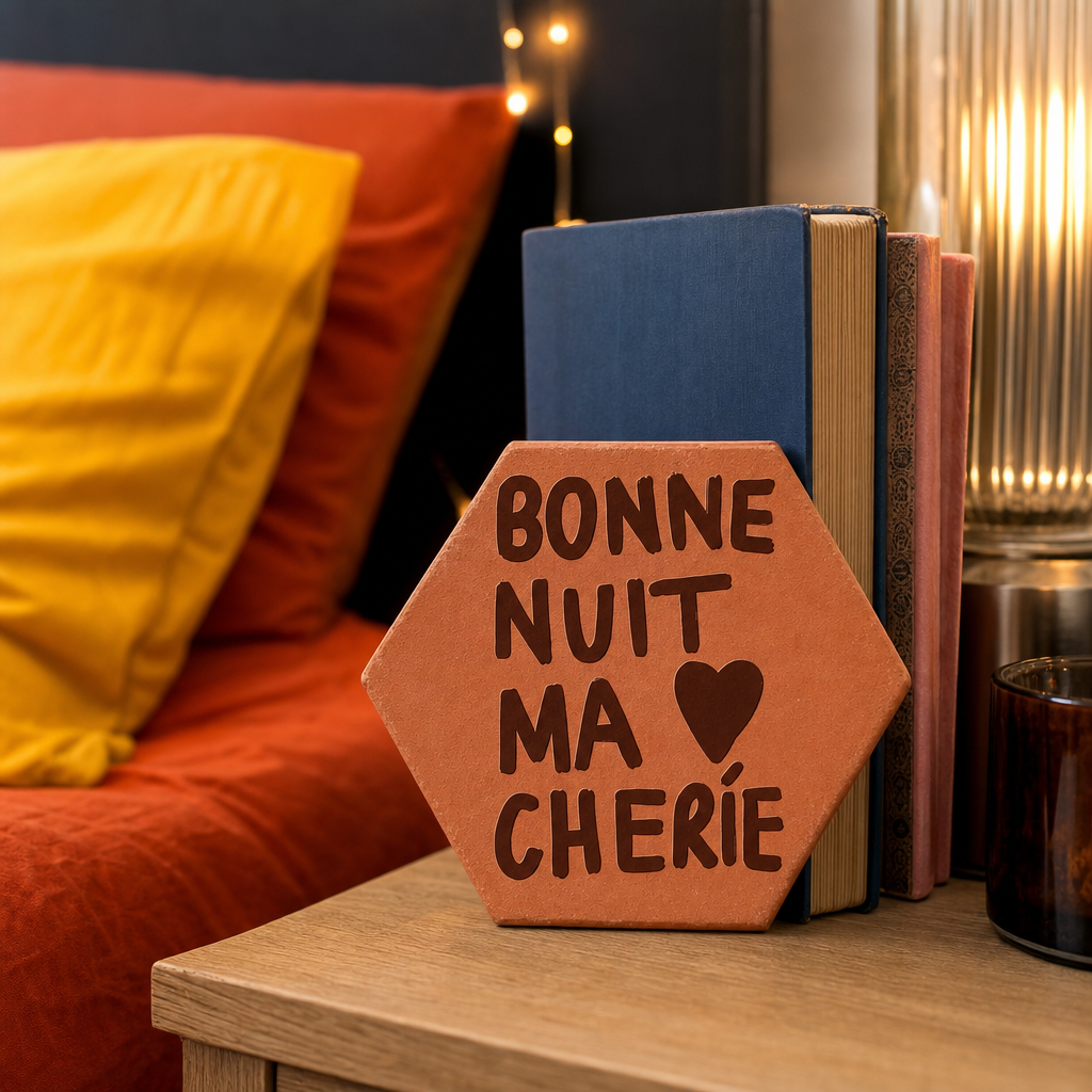 Tomette gravée « Bonne nuit ma chérie » avec cœur, dressée sur une table de chevet devant des livres et des coussins.