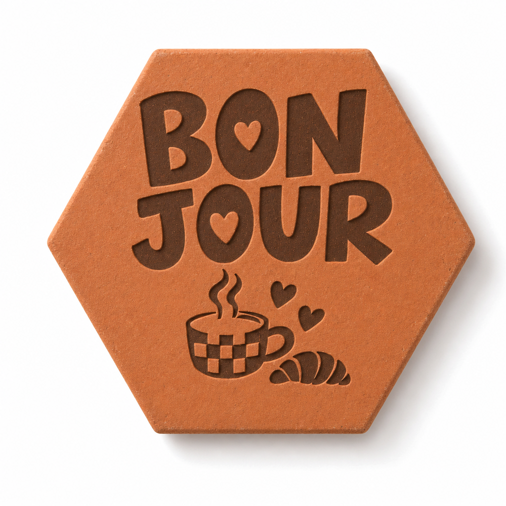 Tomette gravée « Bonjour », tasse à carreaux, croissant et cœurs, sur fond blanc.