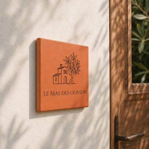 Plaque de maison personnalisée « Le Mas des Oliviers », maison et olivier gravés, vue de biais sur le mur extérieur, à côté de la porte en bois.