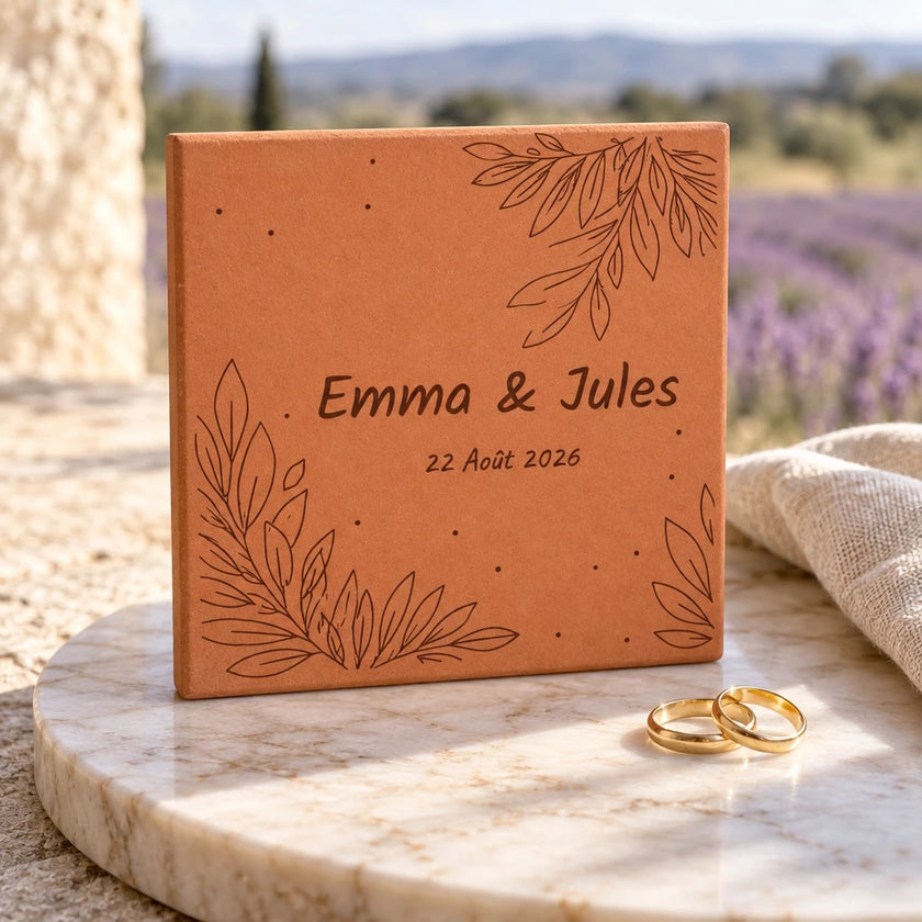 Personalised wedding tile for Emma and Jules, engraved with a date and foliage, resting beside two wedding rings in front of a lavender field.