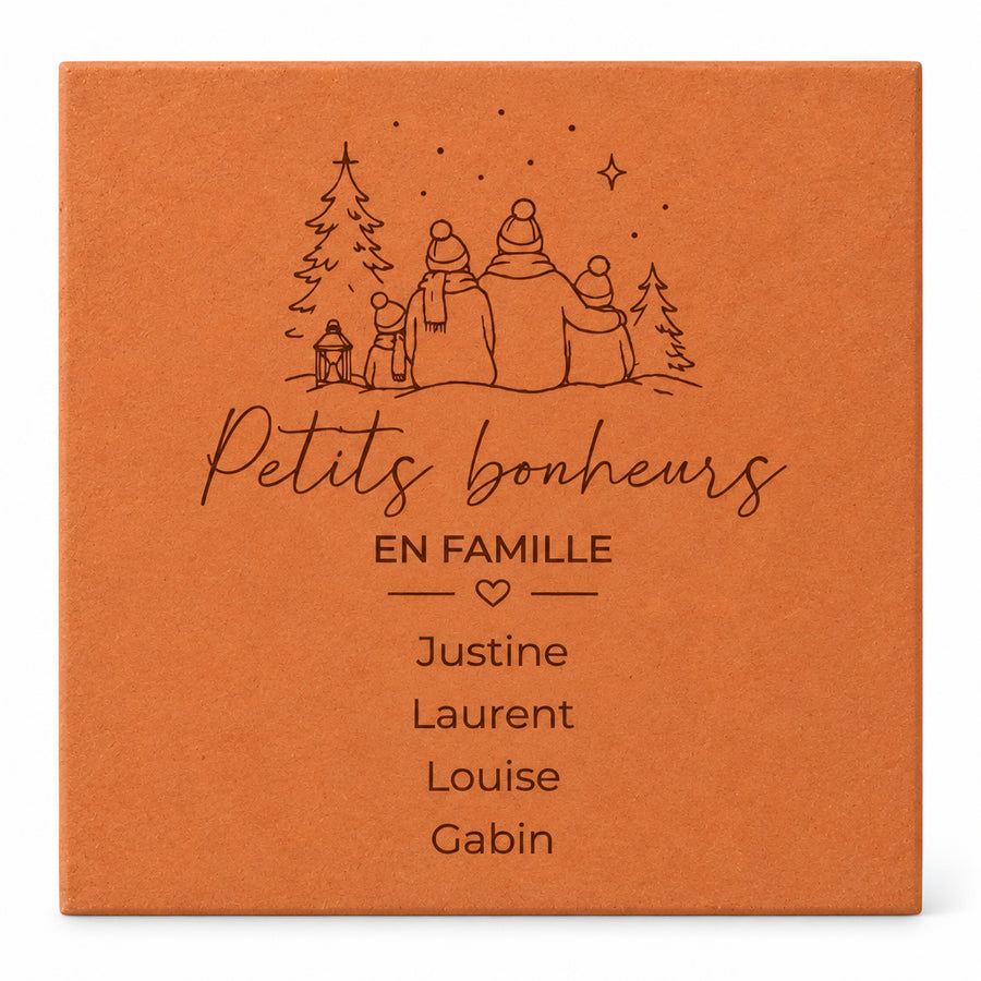 Carreau personnalisé « Petits bonheurs en famille », quatre personnages et prénoms gravés, sur fond blanc.