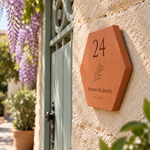 Plaque de maison personnalisée 24 impasse du Jasmin, La Ciotat et brindille gravés, vue de côté sur le mur près du portail fleuri.