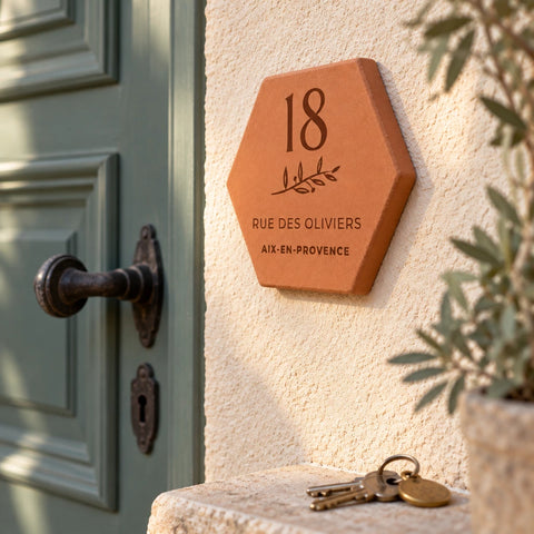 Personalised house plaque engraved with “18 rue des Oliviers”, “Aix-en-Provence” and a branch, viewed from the side beside the green door, above a bunch of keys.