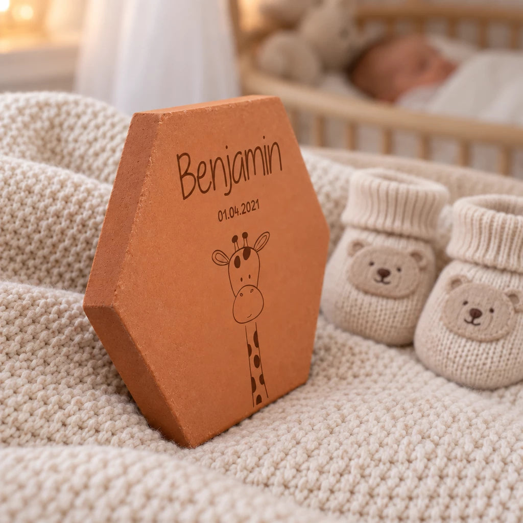 Tomette de naissance personnalisée Benjamin, date et girafe gravées, vue de côté sur la couverture près de chaussons de bébé.