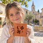 Carreau de terre cuite personnalisé Baptême - Oiseaux avec enfant, village provençal et église floutée. — vue en situation