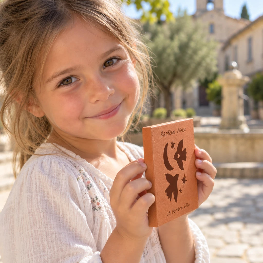 Carreau de terre cuite personnalisé Baptême - Oiseaux avec enfant, village provençal et église floutée. — vue de profil