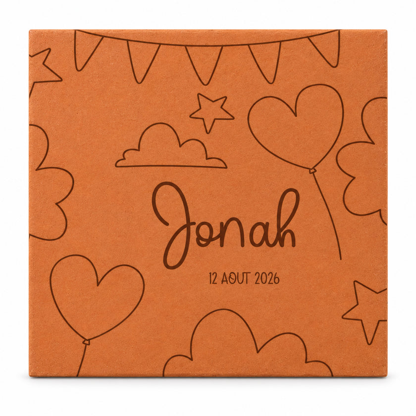 Personalised decorative tile with the “in the sky” design, name and birth date — front view on a white background