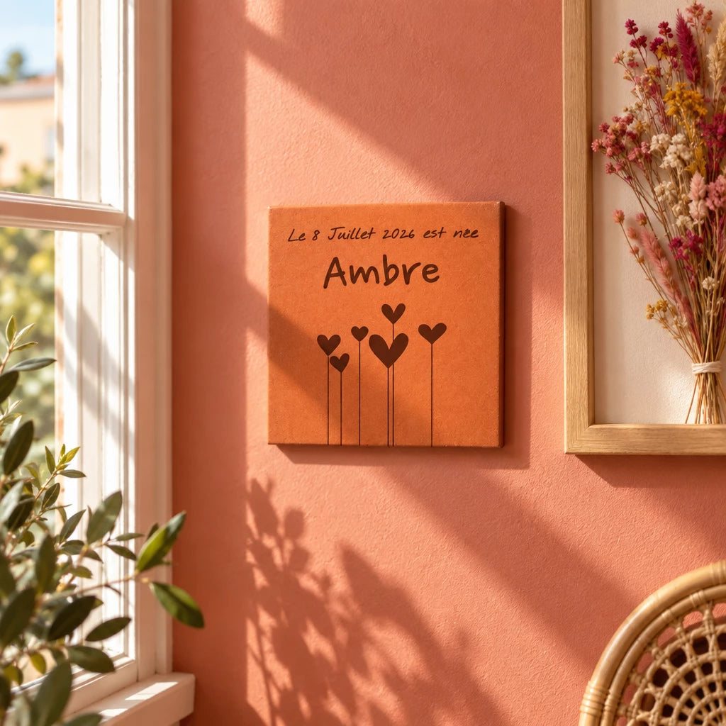 Tomette décorative Fleurs en coeur - Naissance, accrochée au mur près d’une fenêtre — vue en situation