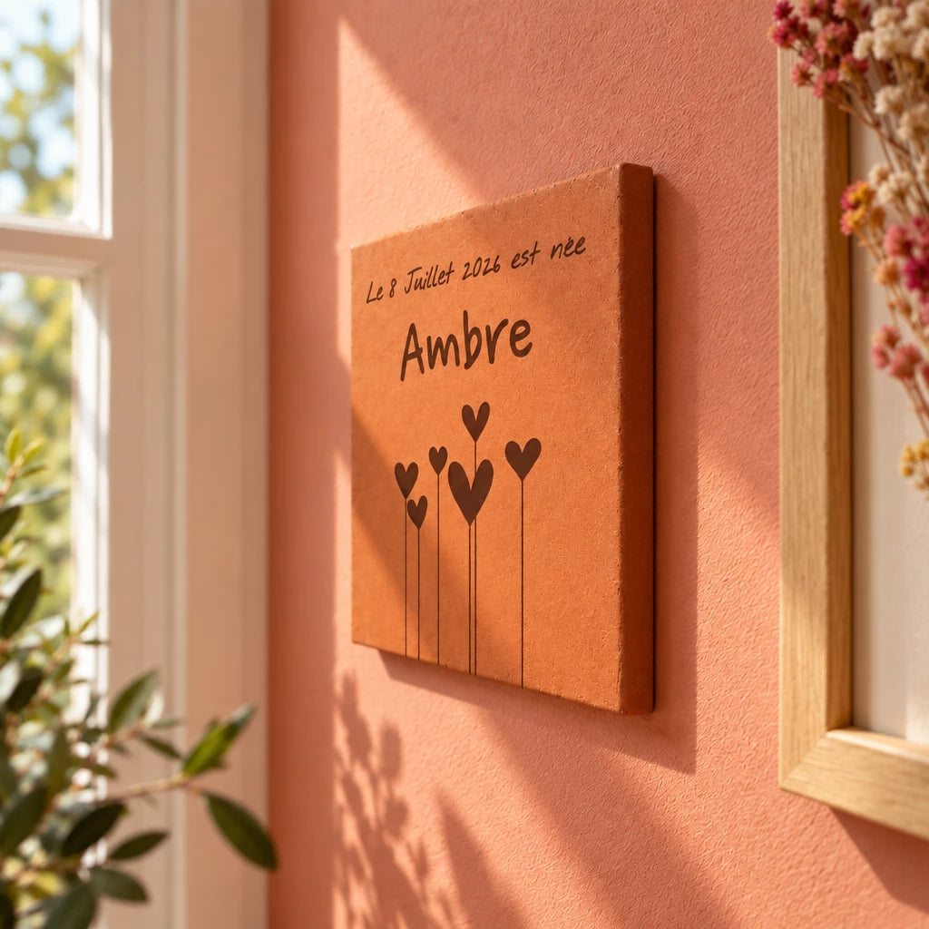 Tomette décorative Fleurs en coeur - Naissance, accrochée au mur près d’une fenêtre — vue de profil