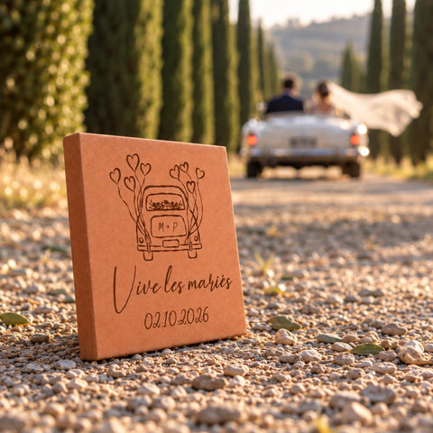 Carreau décoratif personnalisé Vive les mariés ! Voiture de mariage en terre cuite de Salernes — vue de profil