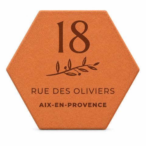 Personalised house plaque engraved with “18 rue des Oliviers”, “Aix-en-Provence” and a branch, on a white background.