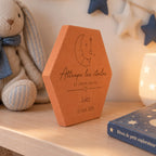 Tomette de naissance personnalisée Jules, lune et « Attrape les étoiles » gravés, vue de biais près d’un lapin en peluche et d’un livre bleu.