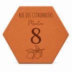 Salernes terracotta plaque with a lemon tree design, engraved with a street name, town and number — white background.