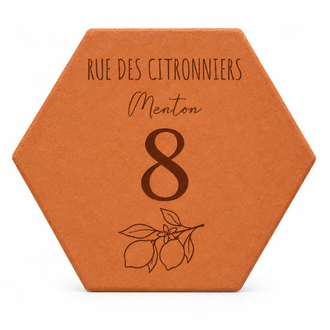 Salernes terracotta plaque with a lemon tree design, engraved with a street name, town and number — white background.
