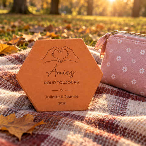Decorative tile Friendship — Forever with Heart Hands motif and personalised names — lifestyle view