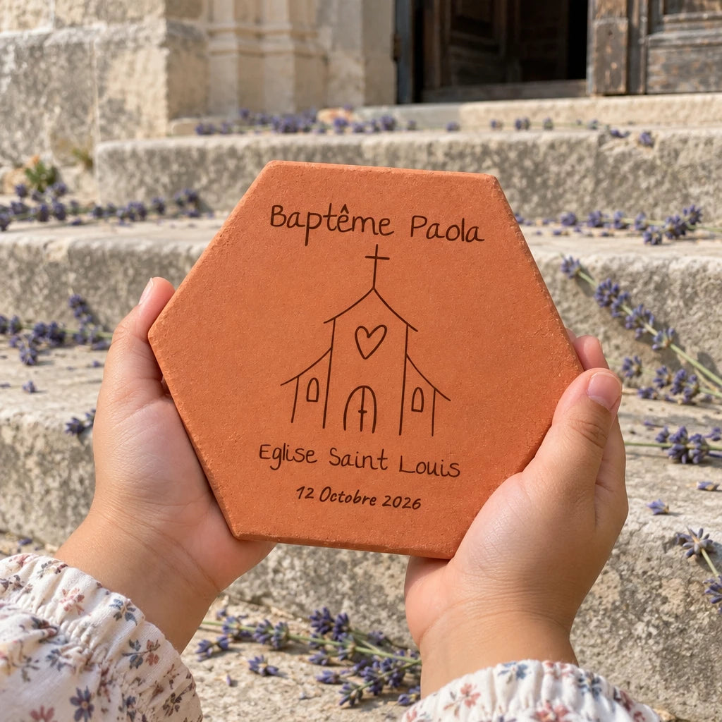 Tomette personnalisée Baptême - Eglise, posée dans les mains d’une enfant, avec église et lavande en arrière-plan — vue en situation