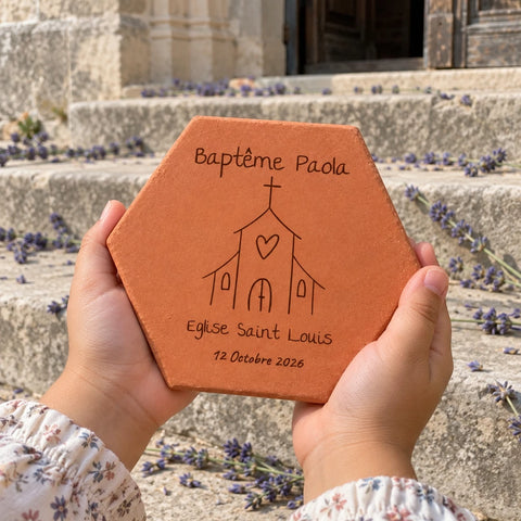 Tomette personnalisée Baptême - Eglise, posée dans les mains d’une enfant, avec église et lavande en arrière-plan — vue en situation