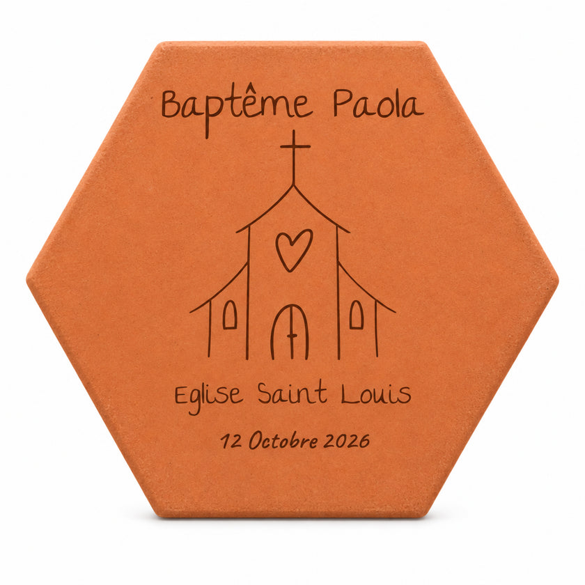 Personalised decorative tile Baptism - Church, held in a child’s hands, with a church and lavender in the background — white background view