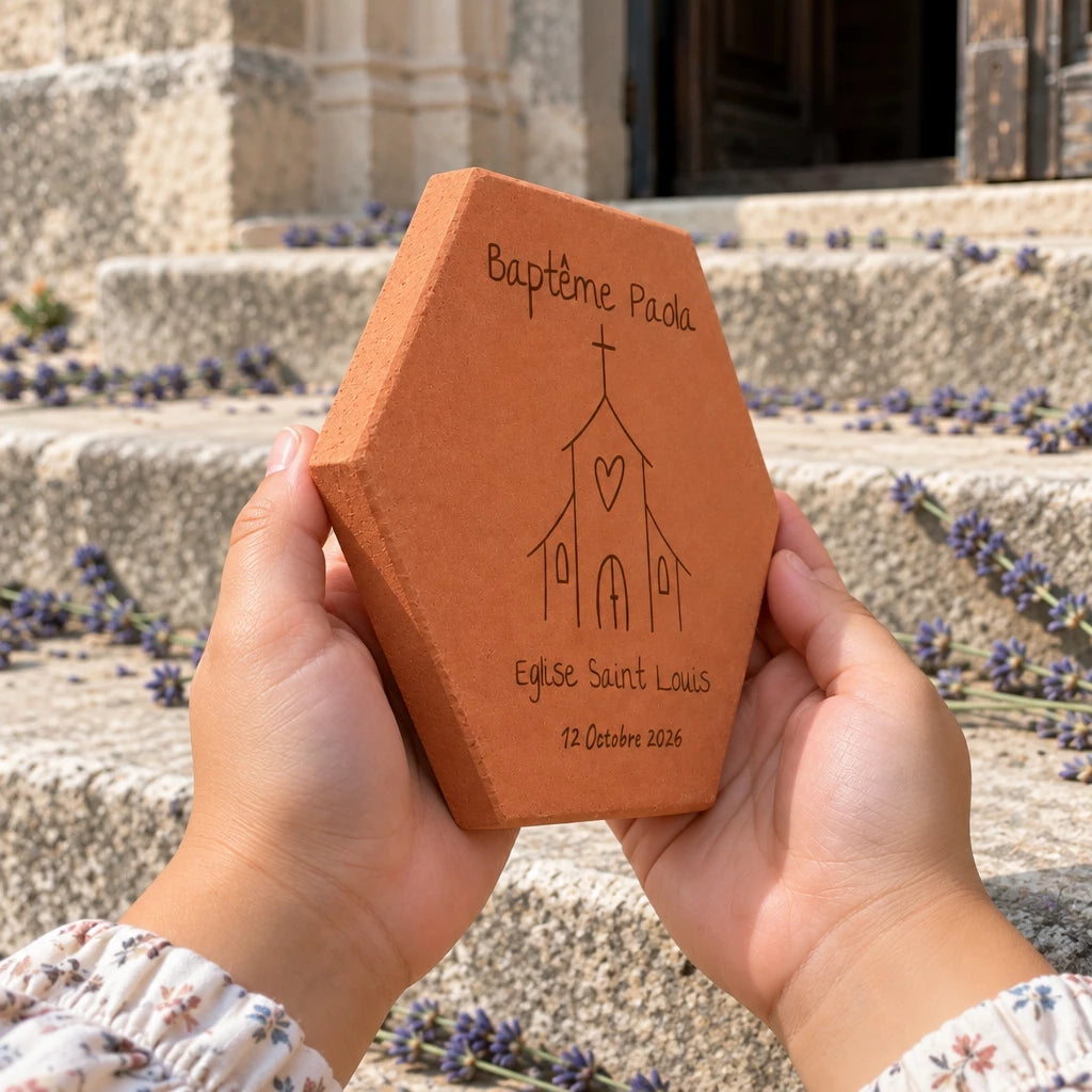 Tomette personnalisée Baptême - Eglise, posée dans les mains d’une enfant, avec église et lavande en arrière-plan — vue de profil
