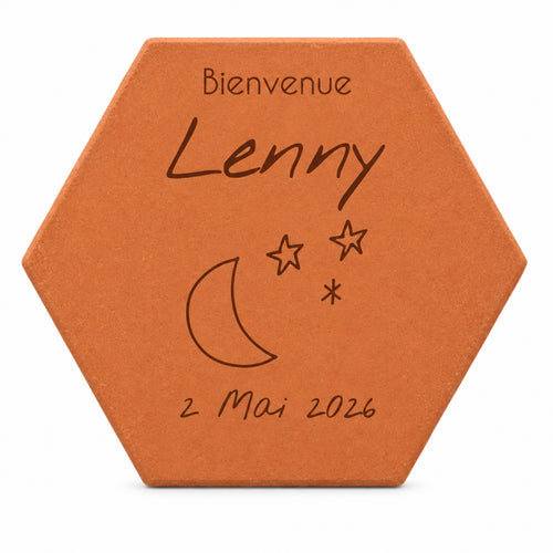Personalised decorative tile Welcome - Moon stars with first name and date, moon and stars motif. — front view on white background