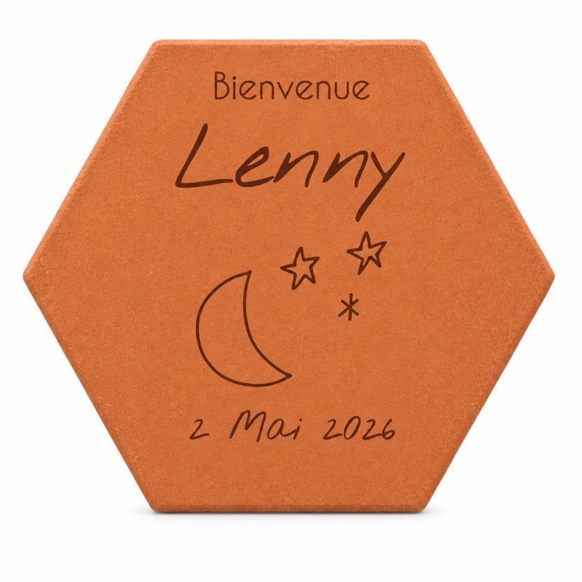 Personalised decorative tile Welcome - Moon stars with first name and date, moon and stars motif. — front view on white background