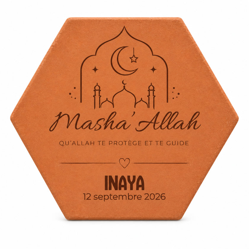 Masha’Allah birth tile with crescent moon, star, mosque, name and date of birth. — front view on a white background