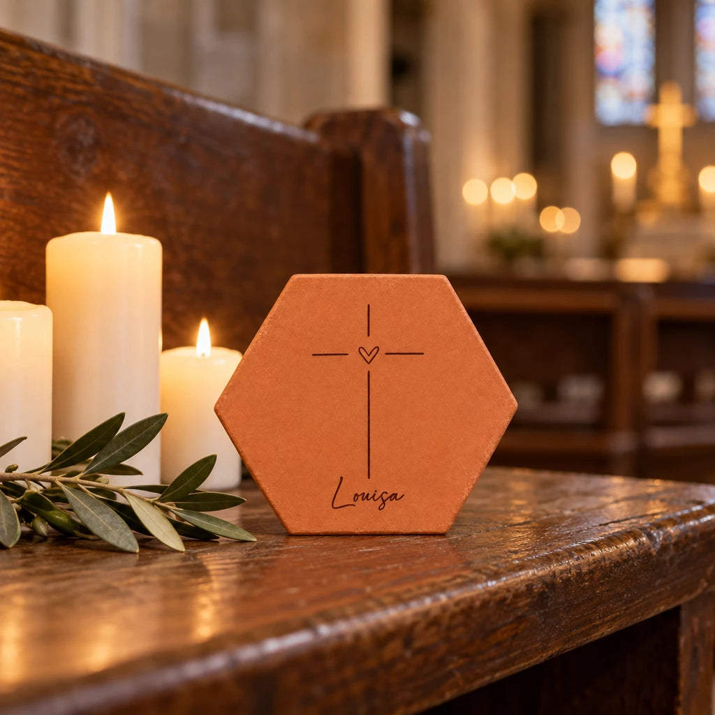Tomette personnalisée Croix catholique avec prénom Louisa, posée en ambiance d’église — vue en situation