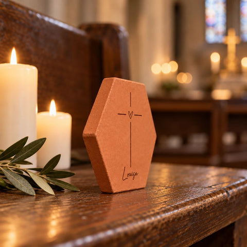 Tomette personnalisée Croix catholique avec prénom Louisa, posée en ambiance d’église — vue de profil