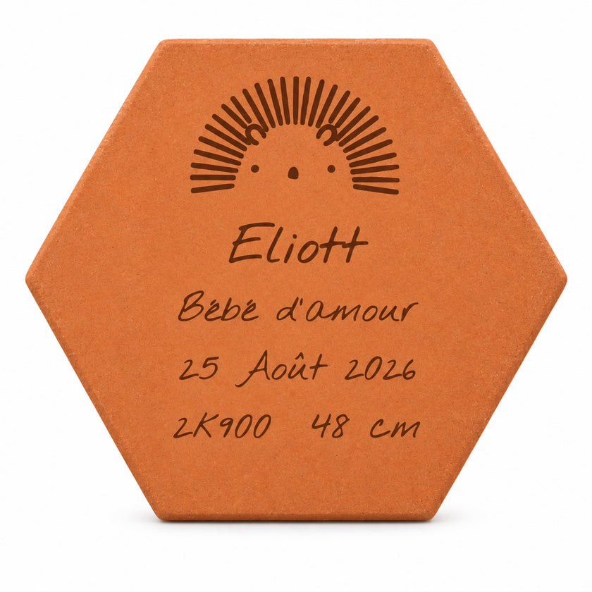 Child - Hedgehog terracotta tile, with personalised sample text. — on a white background