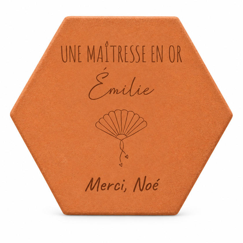 Personalised Thank you teacher tile with heart fan motif and thank-you message — front view on white background
