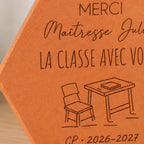 Tomette personnalisée Merci maîtresse — La classe avec vous, motif bureau d’écolier — vue rapprochée du motif