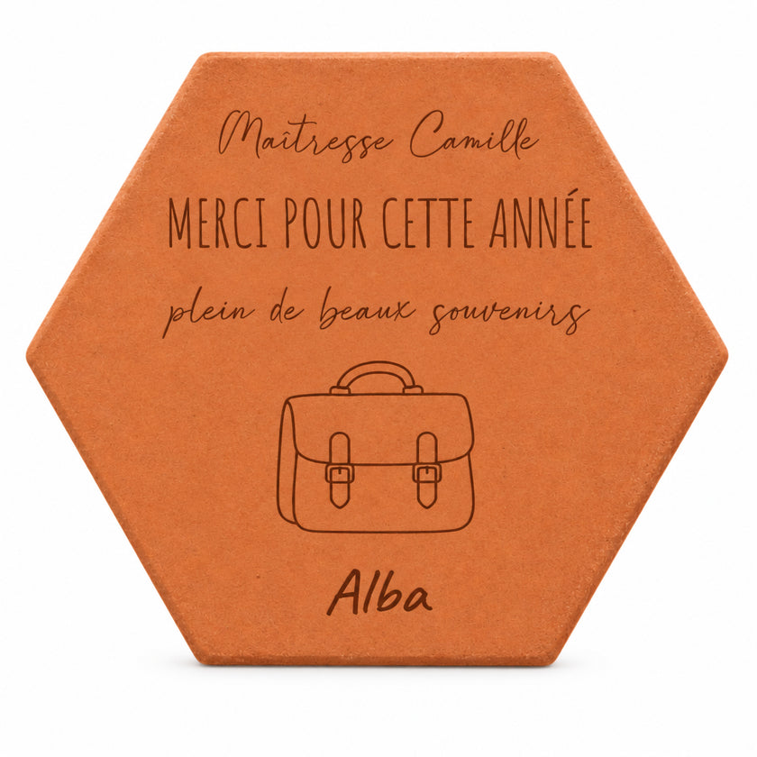 Personalised decorative tile with schoolbag motif and thank-you message for a teacher. — on a white background