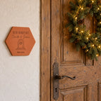 Christmas decorative tile — Our First Christmas with Christmas door, names and year — lifestyle view