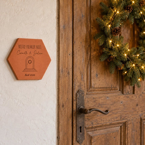 Christmas decorative tile — Our First Christmas with Christmas door, names and year — lifestyle view