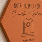Christmas decorative tile — Our First Christmas with Christmas door, names and year — close-up of the design
