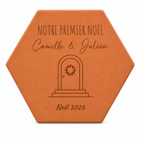 Christmas decorative tile — Our First Christmas with Christmas door, names and year — front view on white background