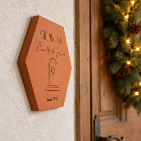 Christmas decorative tile — Our First Christmas with Christmas door, names and year — side view