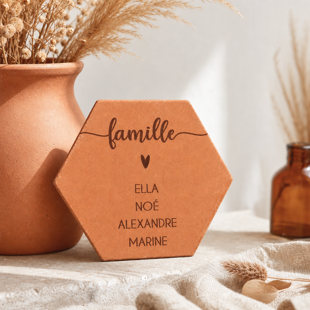 Cadeau famille : tomette hexagonale personnalisée en terre cuite de Salernes gravée au laser.