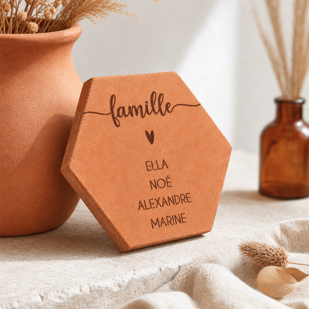 Cadeau famille : tomette hexagonale personnalisée en terre cuite de Salernes gravée au laser.