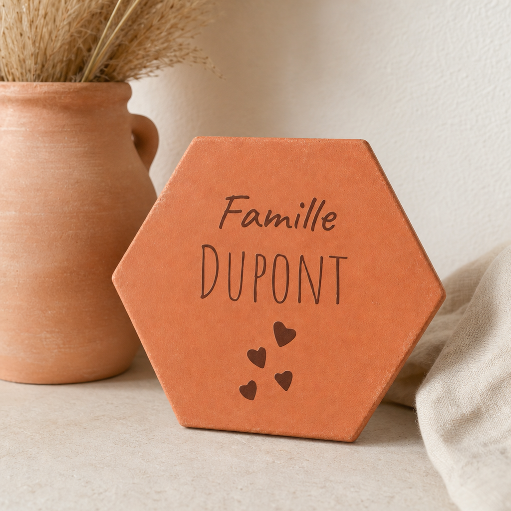Cadeau famille pour la fête des mères : tomette hexagonale personnalisée, terre cuite de Salernes gravée au laser.