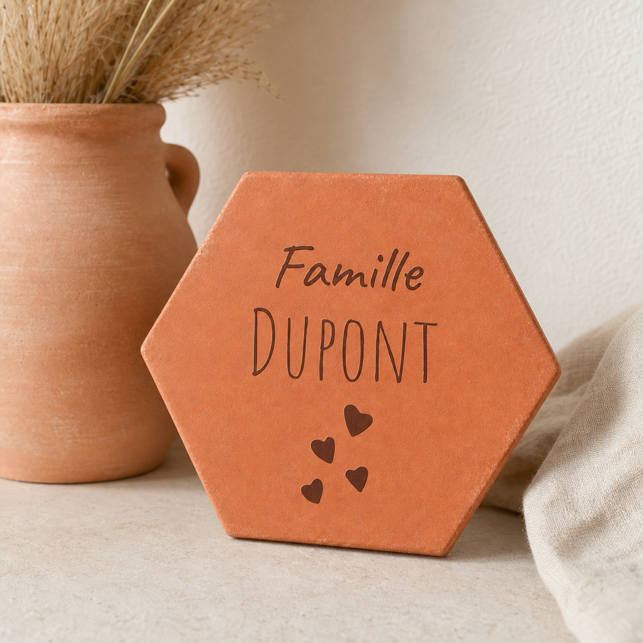 Cadeau famille pour la fête des mères : tomette hexagonale personnalisée, terre cuite de Salernes gravée au laser.