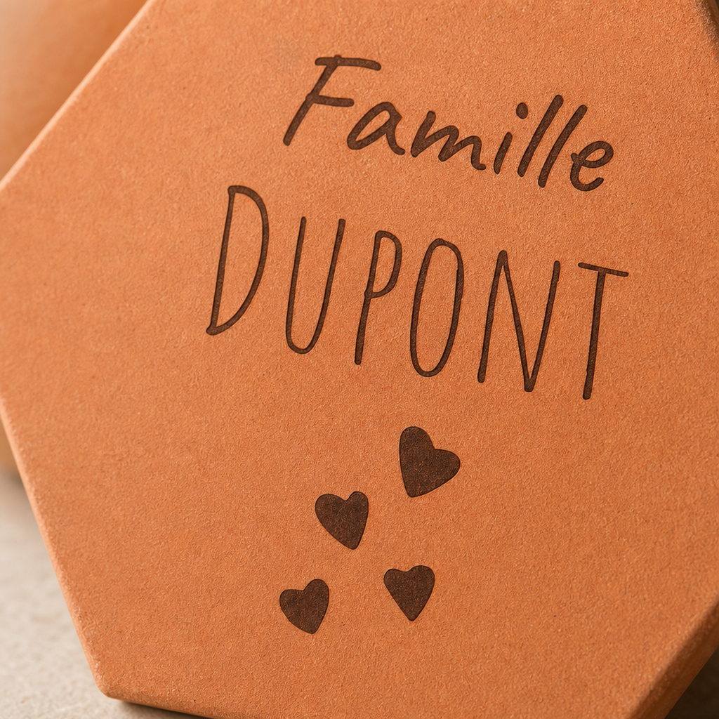 Cadeau famille pour la fête des mères : tomette hexagonale personnalisée, terre cuite de Salernes gravée au laser.