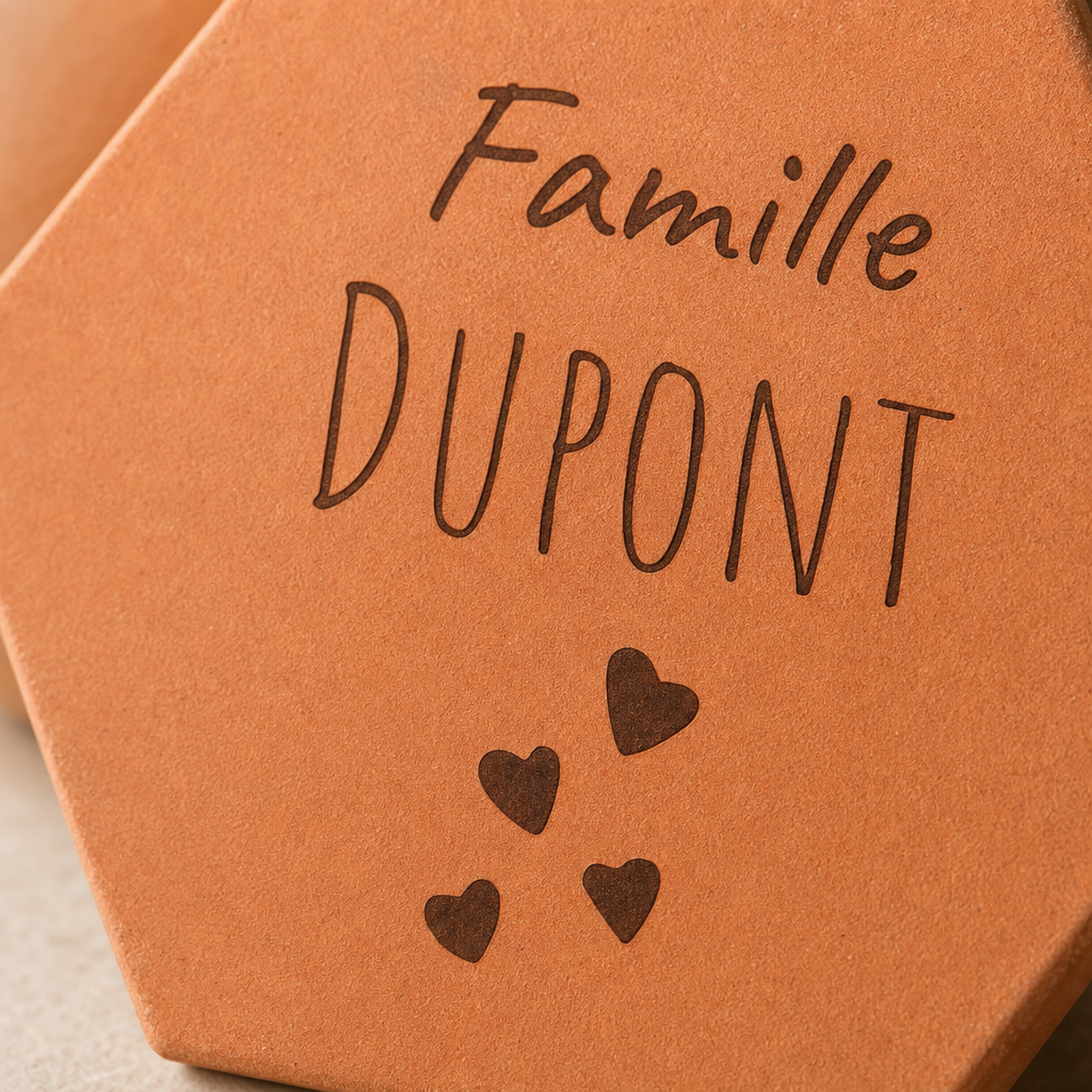 Cadeau famille pour la fête des mères : tomette hexagonale personnalisée, terre cuite de Salernes gravée au laser.