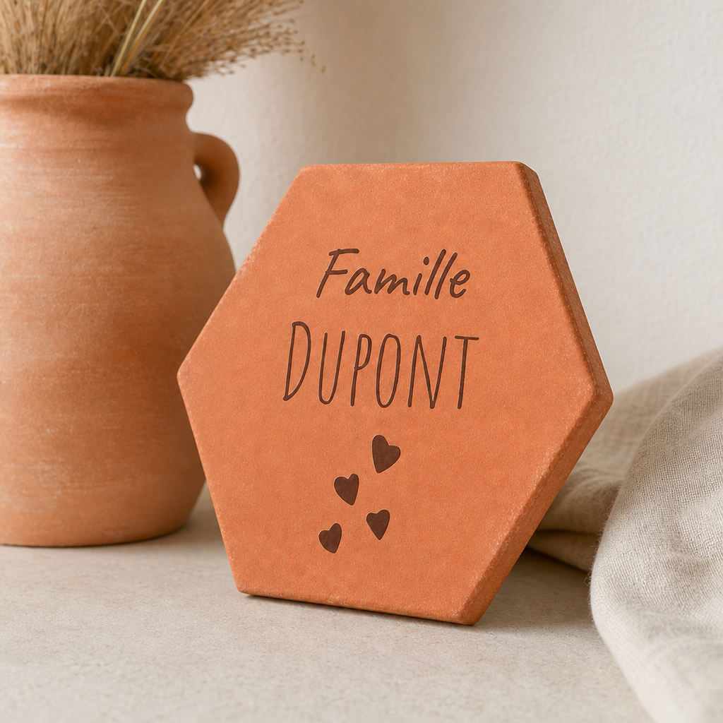 Cadeau famille pour la fête des mères : tomette hexagonale personnalisée, terre cuite de Salernes gravée au laser.
